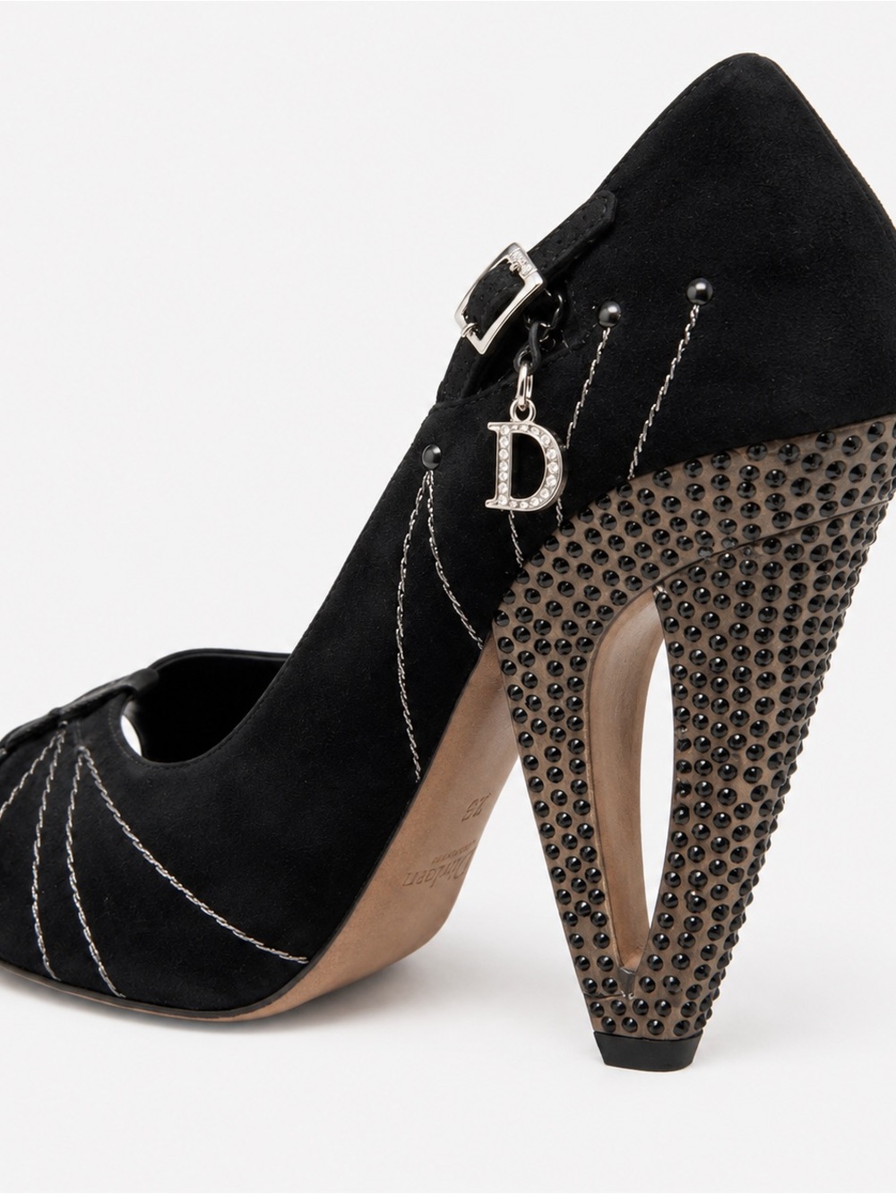 💯 Authentic Christian Dior Black Suede Peep Toe Heels with Studded Heel & Dior C - Picture 2 of 7